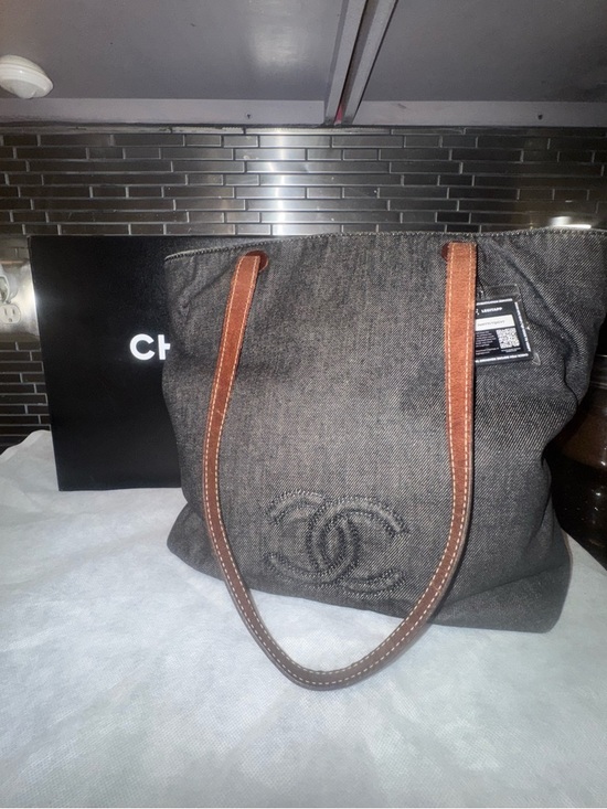 CHANEL Handbags - CHANEL Dark Gray Denim Tote with Brown Leather Straps